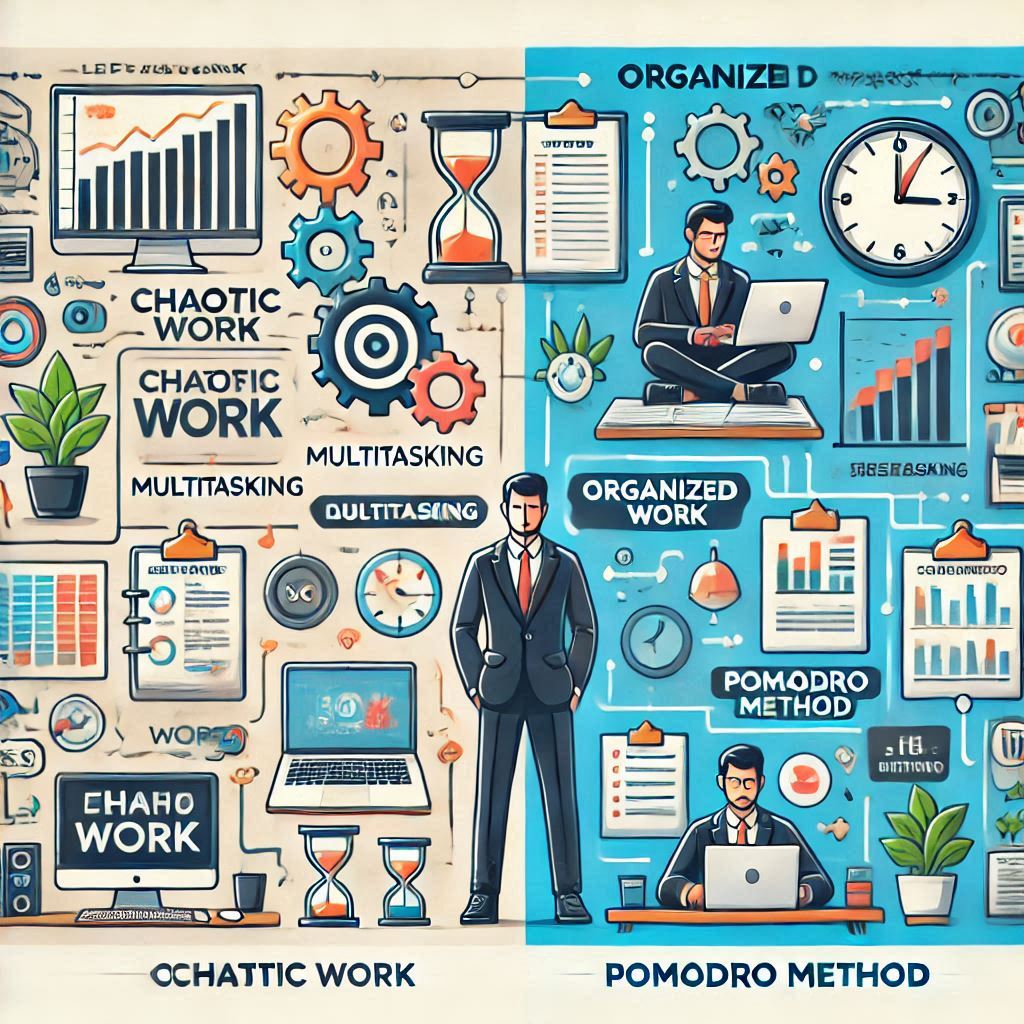 Comparação entre trabalho desorganizado e método Pomodoro