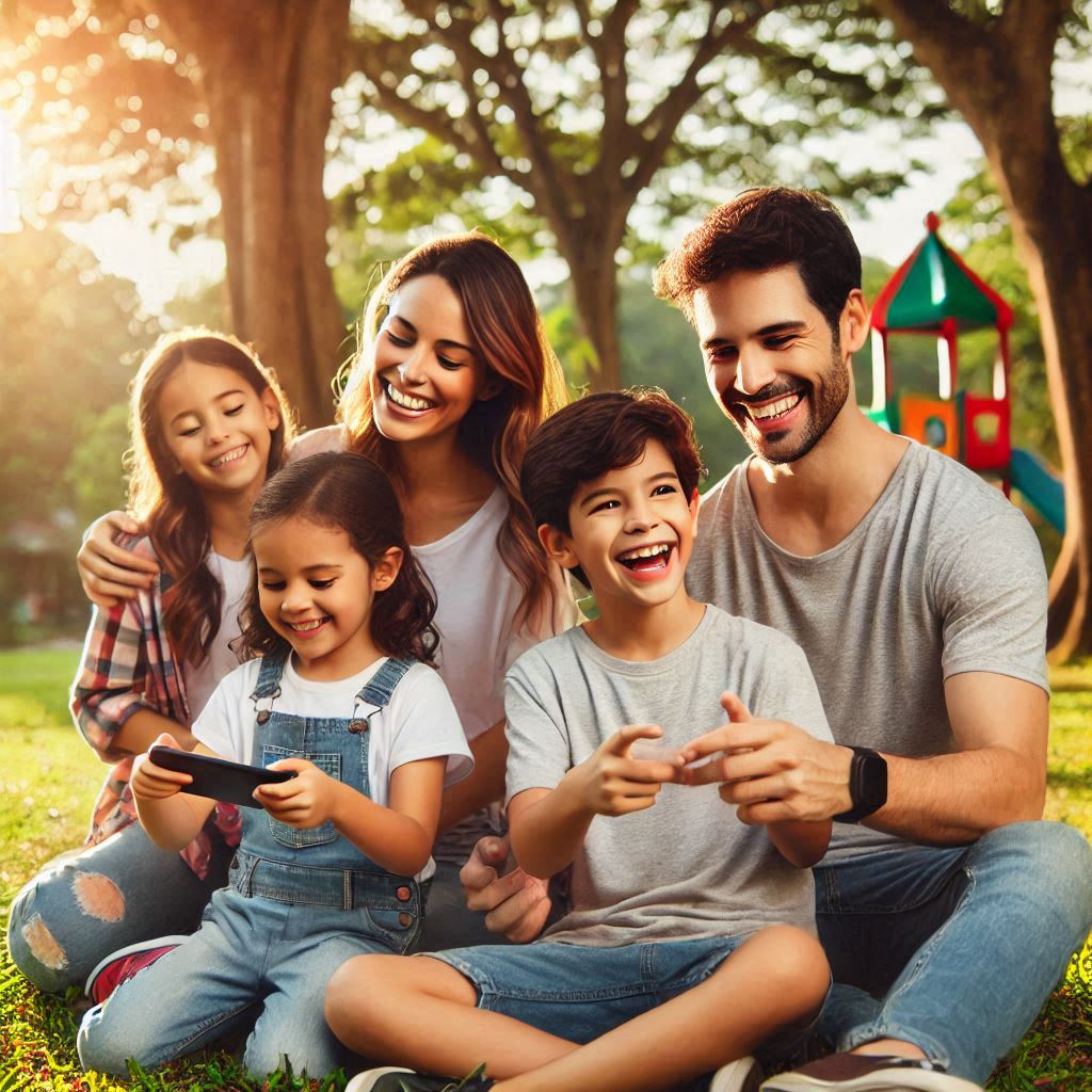 Uma família se divertindo em um parque, sorrindo e se envolvendo em atividades de lazer, com árvores e natureza ao fundo