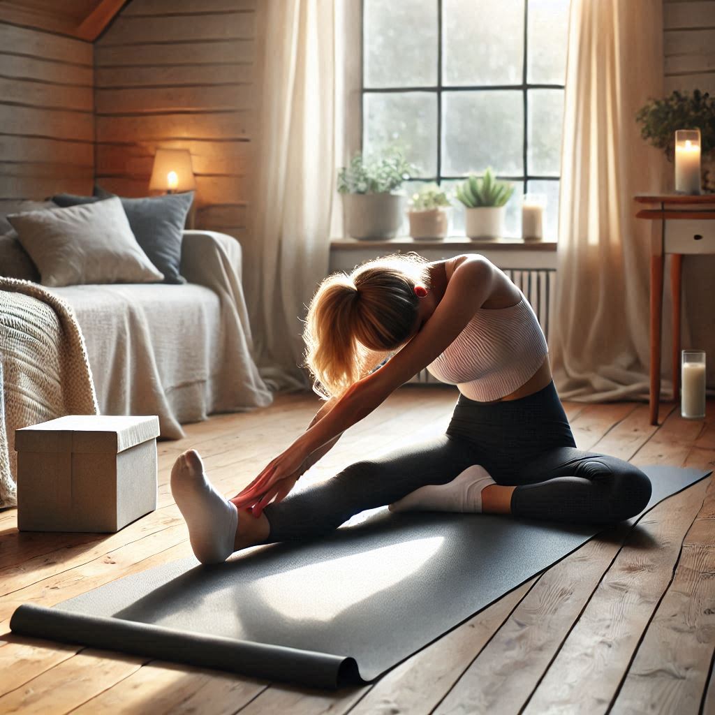 Uma mulher realizando alongamento em um sua sala e no fundo o sol irradiante entrando pela janela desfrutando dos benefícios do pilates para o corpo e a mente