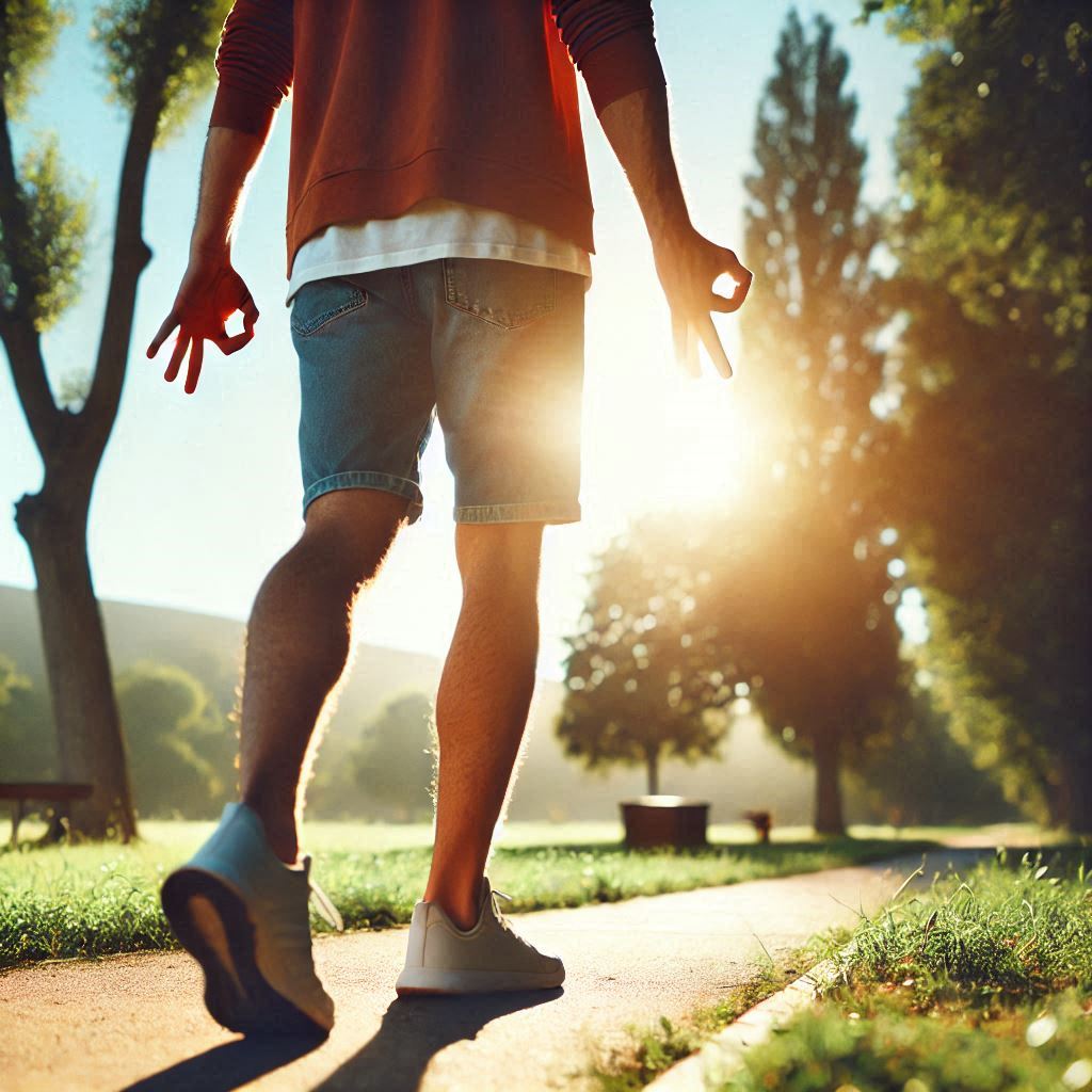 uma pessoa caminhando em um parque repleto de arvóres ao desconectar-se da tecnologia