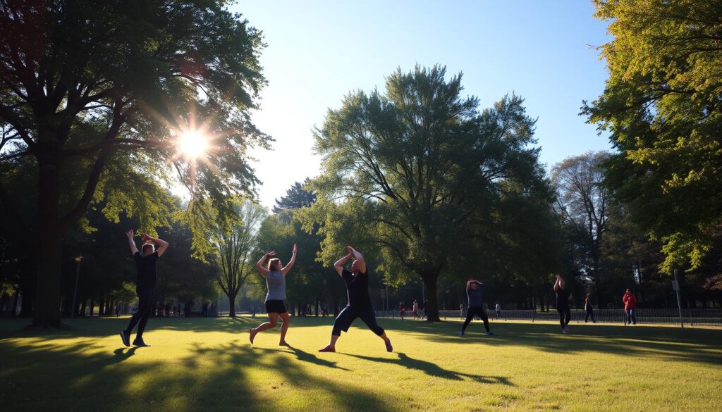 Uma cena matinal serena retratando um parque ensolarado com diversos indivíduos envolvidos em vários exercícios matinais, como ioga, corrida e alongamento. Árvores verdejantes cercam a área, com raios suaves de luz solar filtrando