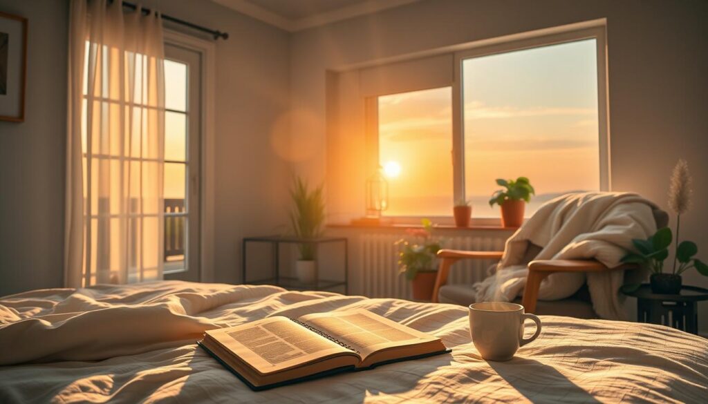 Uma cena serena de uma manhã com um nascer do sol tranquilo, um quarto aconchegante com a luz do sol entrando pela janela, um diário e uma xícara de chá fumegante na mesa de cabeceira, um cobertor macio sobre uma poltrona, plantas em vasos no canto e uma atmosfera convidativa que evoca sentimentos de gratidão e tranquilidade.
