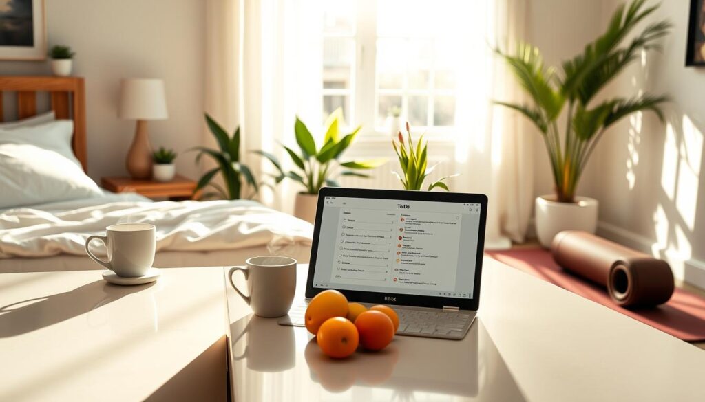 Uma cena matinal serena retratando uma rotina matinal produtiva, apresentando um quarto iluminado pelo sol com uma cama aconchegante, uma xícara de café fumegante na mesa de cabeceira, um laptop aberto com uma lista de tarefas, frutas frescas em uma cozinha polida