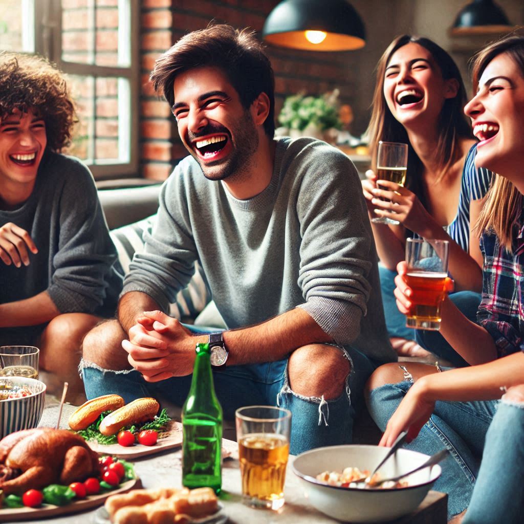 Um grupo de amigos rindo e conversando em uma reunião informal, com comida e bebidas, em um ambiente descontraído em um momento de lazer