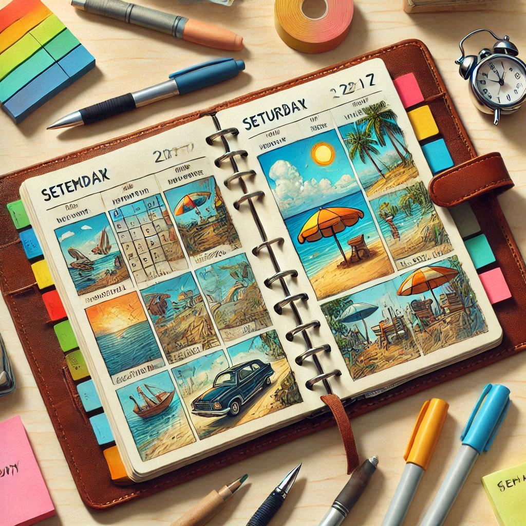 Uma agenda aberta com horários coloridos marcando momentos de lazer, cercada por canetas e notas adesivas.