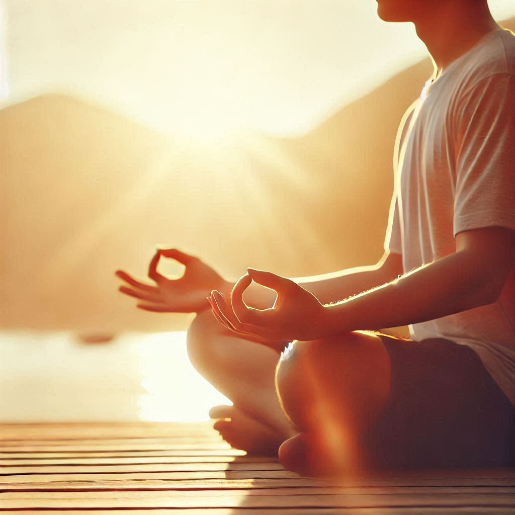 uma pessoa meditando a beira de um rio em um dia iluminado ao desconectar-se da tecnologia