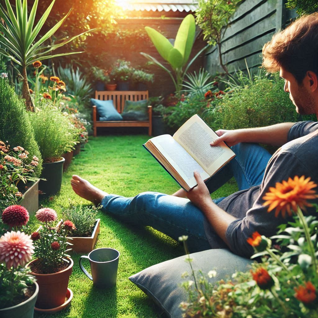 uma pessoa relaxando lendo um bom livro em um local florido após aprender dizer não